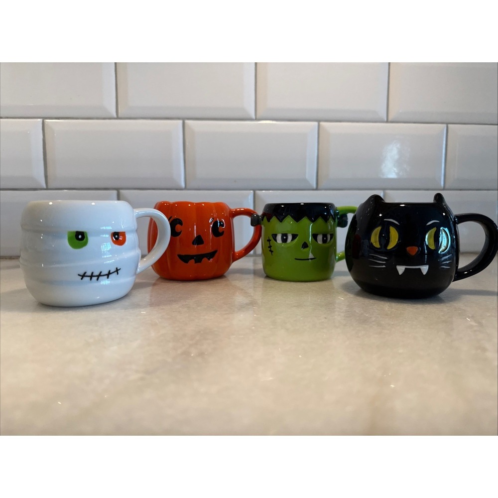 Lang‎ Halloween Espresso Set 4 mugs pumpkin cat mummy Frankenstein Coffee GW993